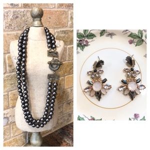 Double stranded black pearl necklace and earrings